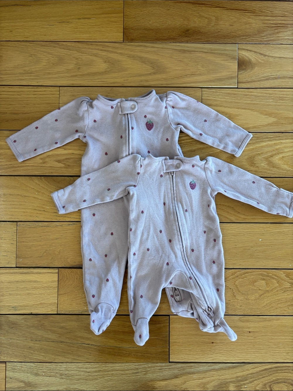 Light purple Strawberry Print Baby One-Piece Footies - Two way zipper